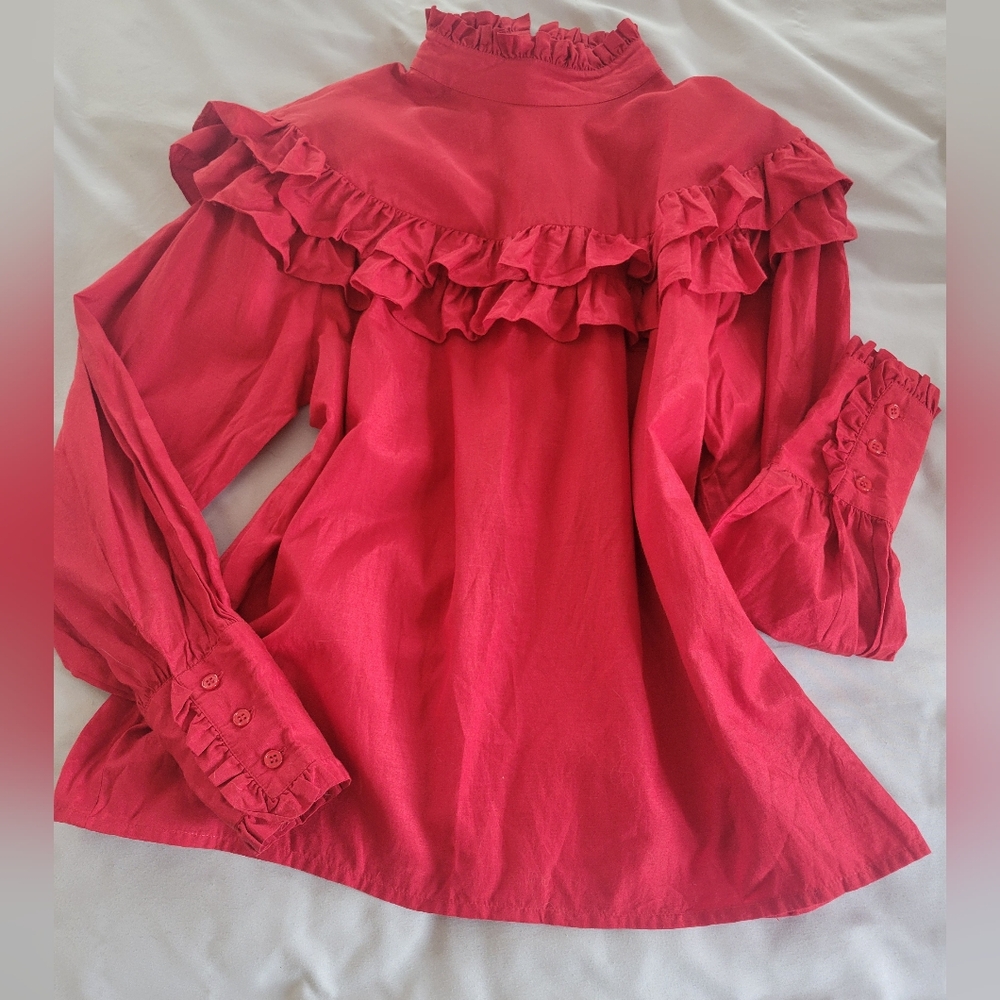 Vintage Harlequin Silk And Cotton Ruffled High Neck Long Sleeve Blouse